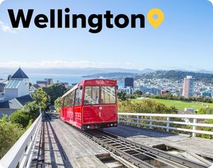 Red Tram and views of Wellington Harbour Wellington New Zealand 