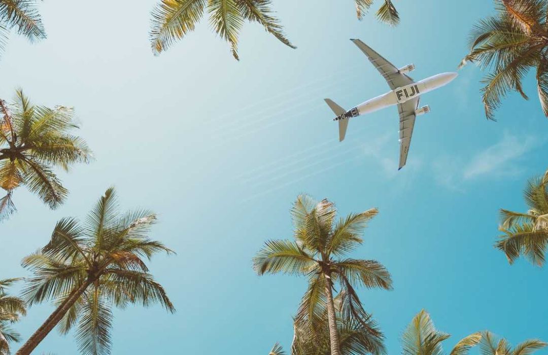 palm trees and fiji airways plane