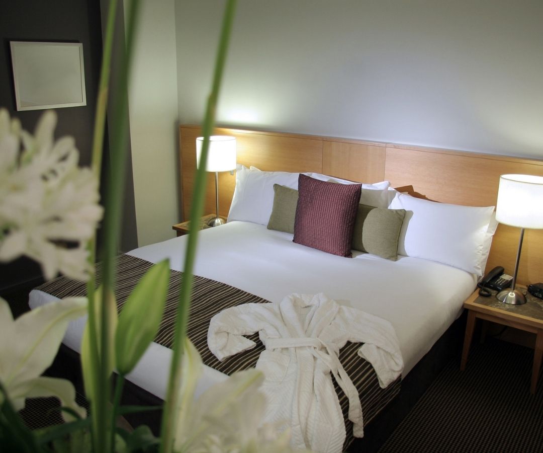 Smart looking hotel room with flowers