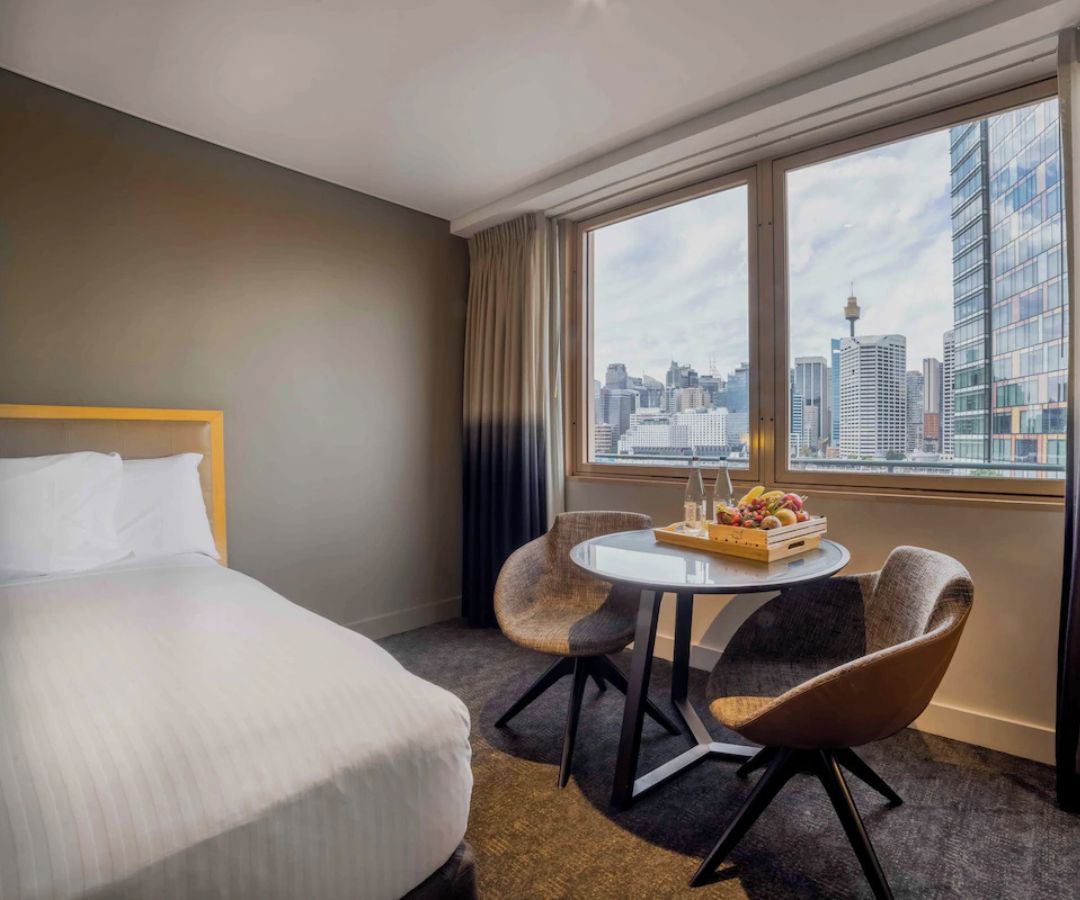 Hotel room with view over Sydney