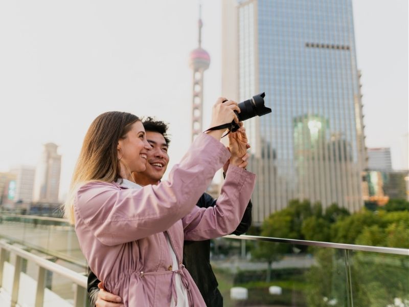 couple taking photo in shanghai