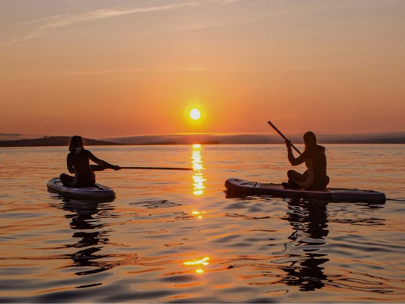 friends on paddle boards at sunset